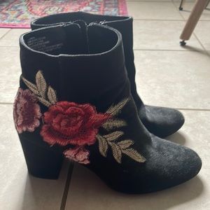 Black booties with pink floral embroidery